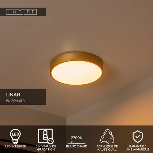 Lucide UNAR - Plafonnier - Ø 30 cm - LED 3 StepDim - 1x18W 2700K - Or Mat / Laiton - USP